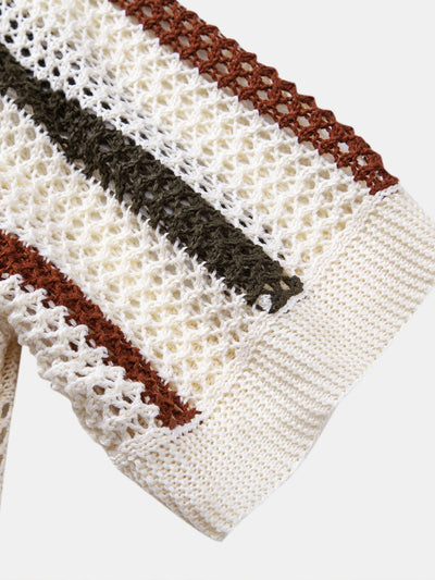 hola Crochet Striped V-Neck Polo Shirt