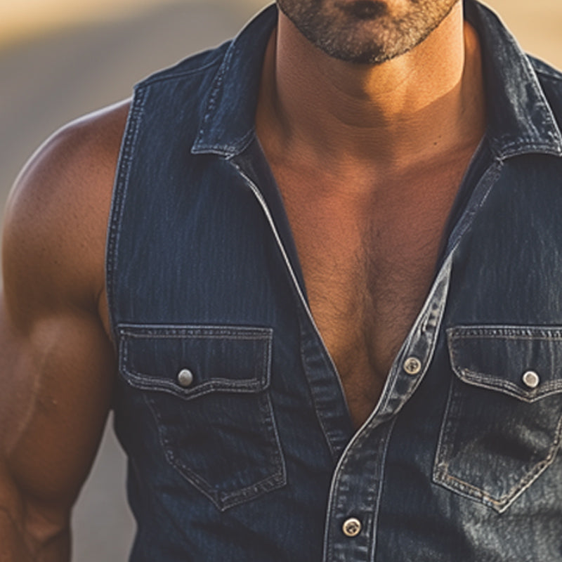 Kirk | Men'S Summer Western Cowboy Style Vintage Denim Sleeveless Shirt