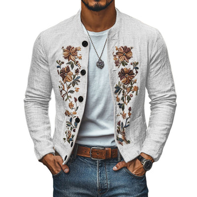 Men's Casual Linen Embroidered Stand Collar Single Breasted Slim Fit Jacket