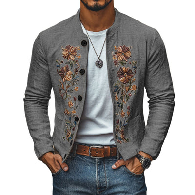 Men's Casual Linen Embroidered Stand Collar Single Breasted Slim Fit Jacket