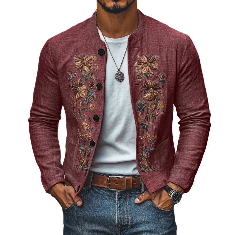 Men's Casual Linen Embroidered Stand Collar Single Breasted Slim Fit Jacket