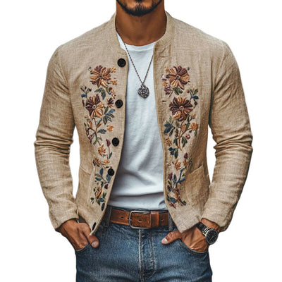 Men's Casual Linen Embroidered Stand Collar Single Breasted Slim Fit Jacket