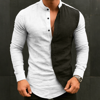 Alfred | Men'S Retro Casual Cotton And Linen Colorblock Stand Collar Long Sleeve Shirt