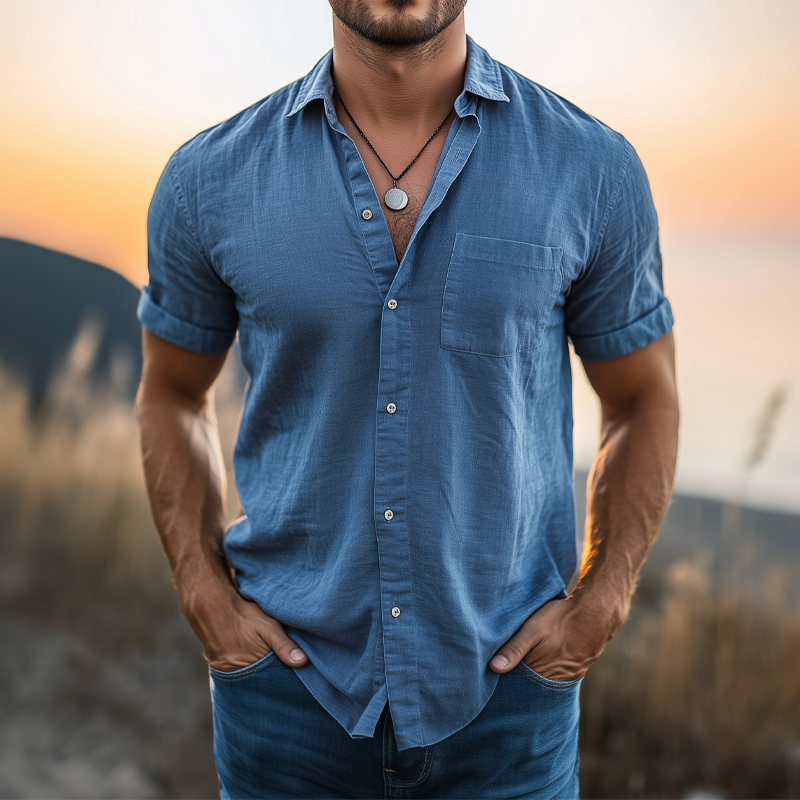 Javier | Men'S Basic Solid Color Cotton And Linen Short Sleeve Shirt