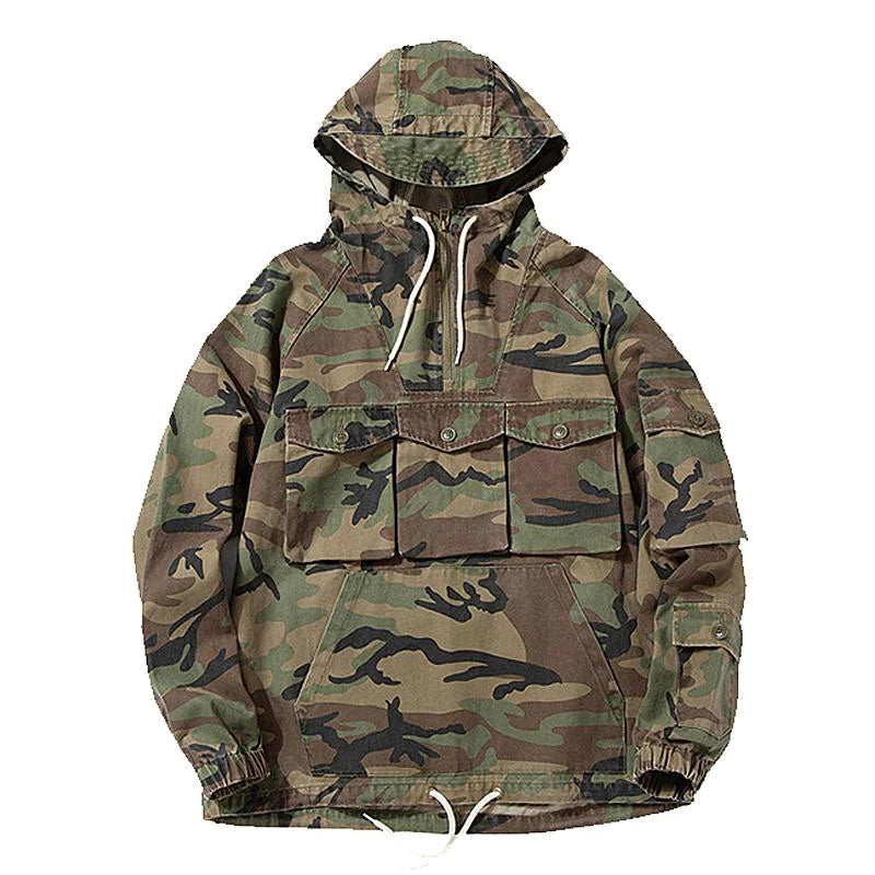 Men's Outdoor Multi-Pocket Camo Pullover Hoodie
