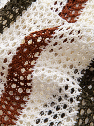 hola Crochet Striped V-Neck Polo Shirt