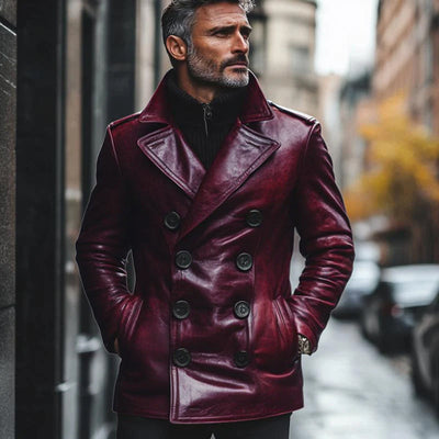 Men's Vine Notch Lapel Doble Breasted SliFit Leather Coat