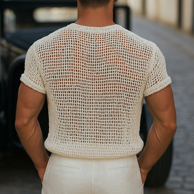 Mauricio | Men'S Solid Knit Hollow Henley Collar Short Sleeve T-Shirt