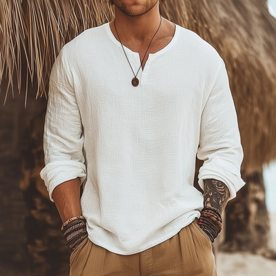 Clifton | Men'S Casual Solid Color Breathable Cotton Bubble Wrinkled V-Neck Loose Long-Sleeved T-Shirt