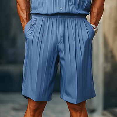 Javier | Men'S Spring And Summer Fashion Casual Cool Pleated Fabric Short-Sleeved Shirt Length To Knee Shorts Set