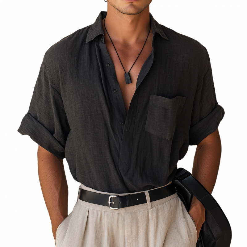 Dale | Men'S Casual Breathable Cotton Linen Lapel Patch Pocket Loose Short Sleeve Shirt
