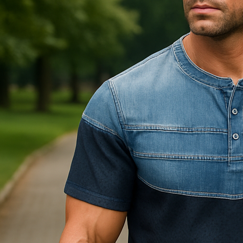Richard | Men'S Summer Fashion Denim Sports Fabric Patchwork Short Sleeve Henley Shirt