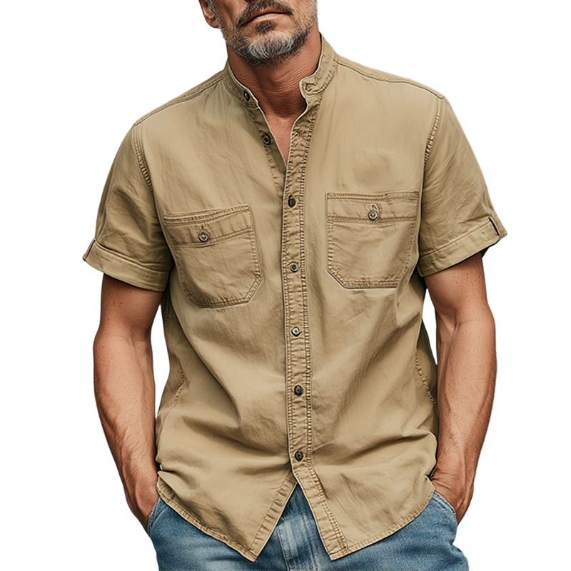 Michael | Men'S Summer Casual Cotton Blended Washed Stand Collar Short Sleeve Shirt