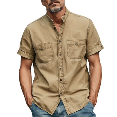 Michael | Men'S Summer Casual Cotton Blended Washed Stand Collar Short Sleeve Shirt