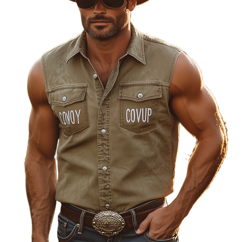 Marcus | Men'S Western Style Letter Embroidered Denim Sleeveless Shirt