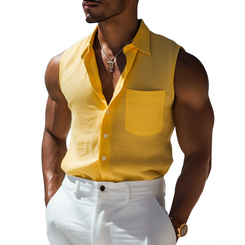 Gordon | Men'S Casual Solid Color Breathable Linen Lapel Patch Pocket Sleeveless Shirt