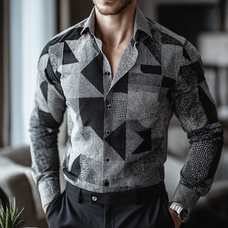 Andrew | Men'S Retro Casual Geometric Cycle Print Lapel Long Sleeve Shirt