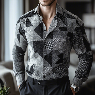 Andrew | Men'S Retro Casual Geometric Cycle Print Lapel Long Sleeve Shirt