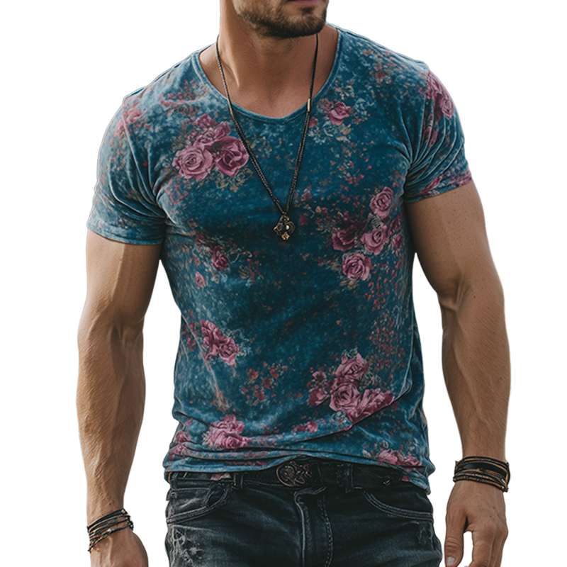 Harold | Men'S Retro Casual Rose Print Velvet Round Neck Short Sleeve T-Shirt