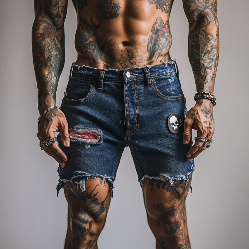 Gabriel | Men'S Skull Ripped Denim Shorts