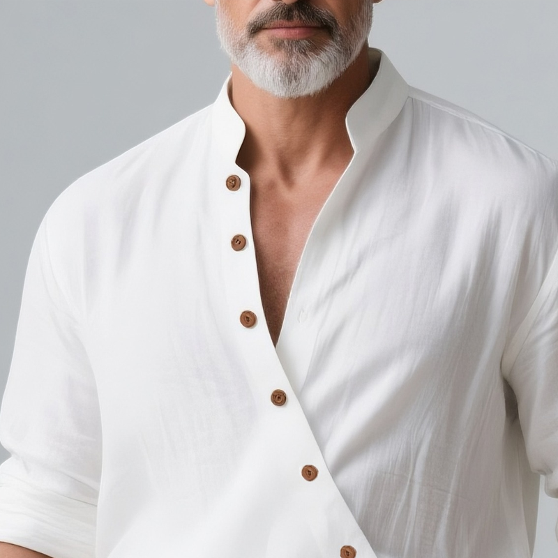 Roman | Men'S Solid Color Cotton And Linen Slanted Placket Long Sleeve Shirt