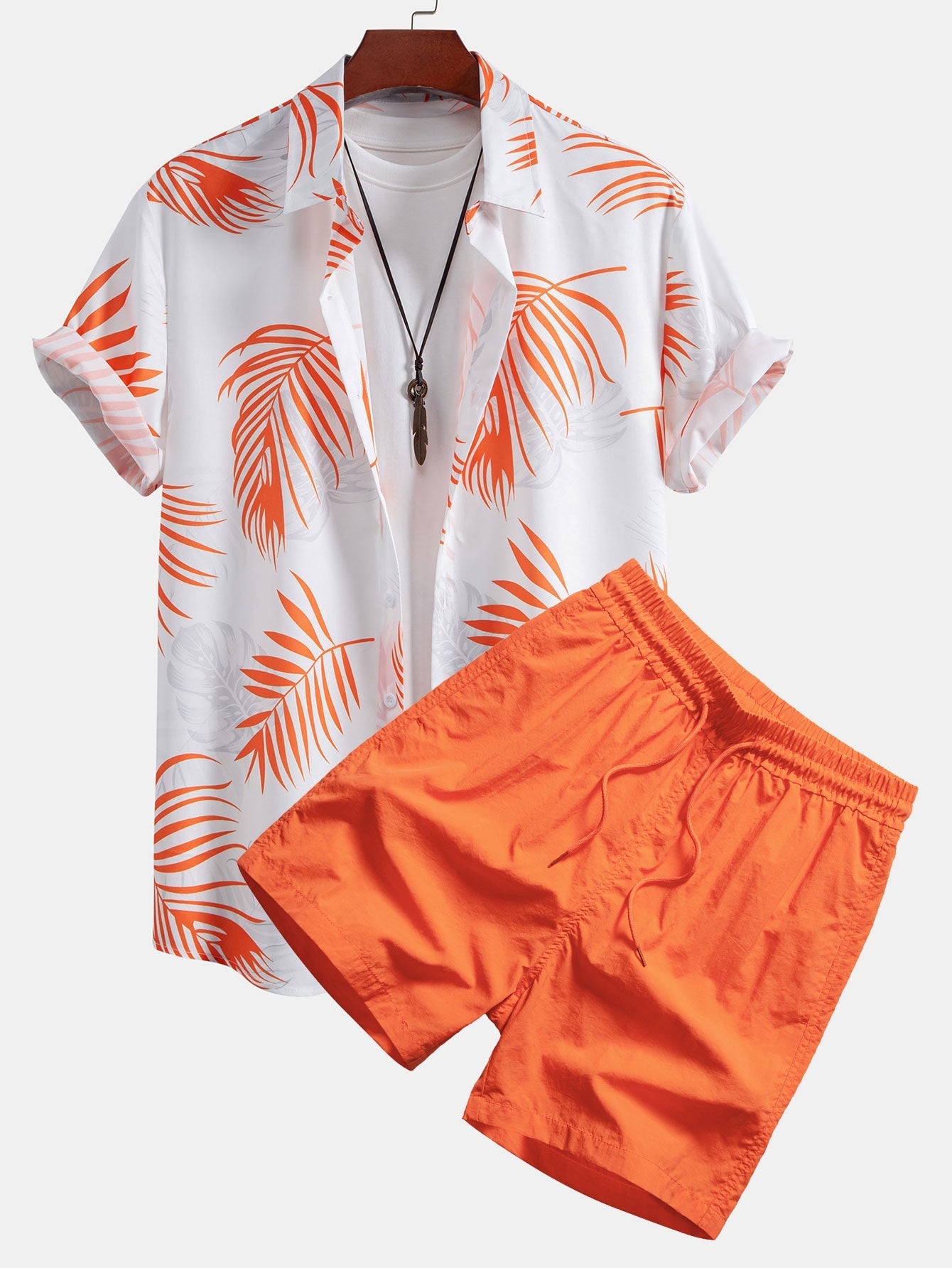 Adon® | Leaf Print Button Up Shirt & Man Mid Length Drawstring Swim Shorts