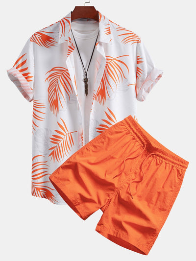 Marino® | Leaf Print Button Up Shirt & Man Mid Length Drawstring Swim Shorts