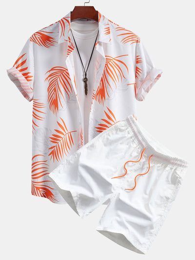 Marino® | Leaf Print Button Up Shirt & Man Mid Length Drawstring Swim Shorts