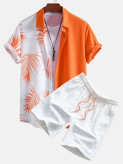 Mariano® | Leaf Print Patchwork Button Up Shirt & Man Mid Length Drawstring Swim Shorts