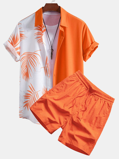 Adolphus® | Leaf Print Patchwork Button Up Shirt & Man Mid Length Drawstring Swim Shorts