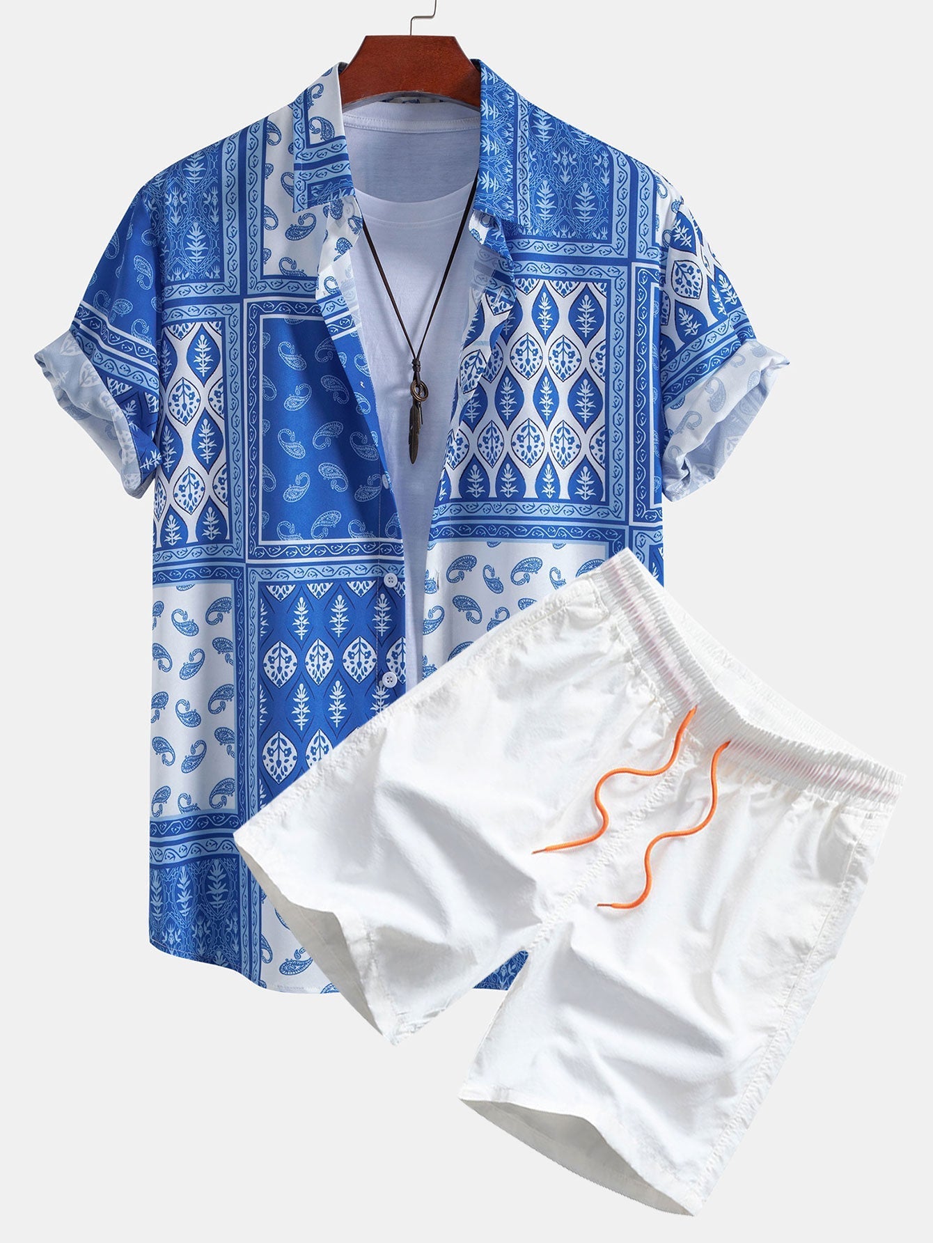 Adolfito® | Paisley Border Button Up Shirt & Man Mid Length Drawstring Swim Shorts