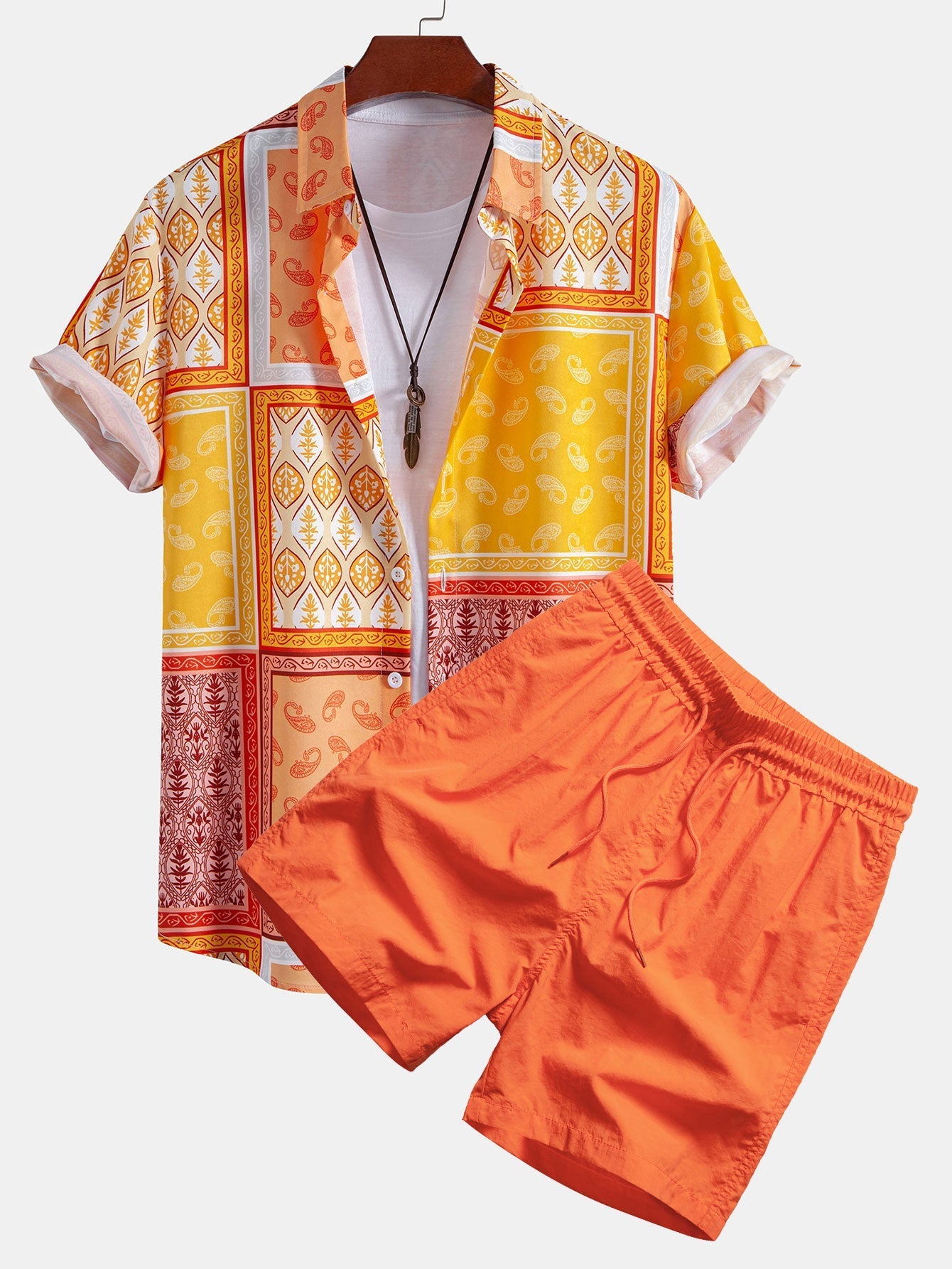 Marcial® | Paisley Border Button Up Shirt & Man Mid Length Drawstring Swim Shorts