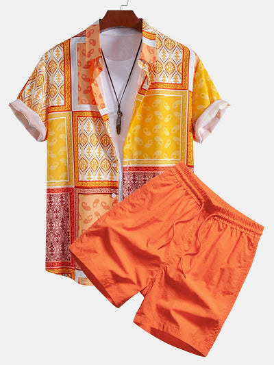 Marcial® | Paisley Border Button Up Shirt & Man Mid Length Drawstring Swim Shorts