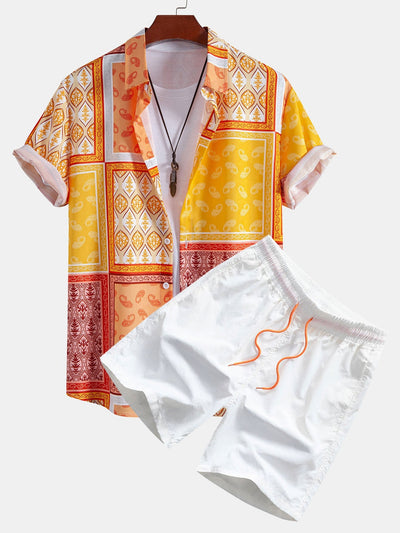Marcial® | Paisley Border Button Up Shirt & Man Mid Length Drawstring Swim Shorts
