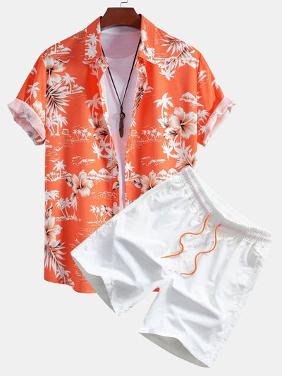 Marciano® | Palm Tree Tropical Flora Print Button Up Shirt & Man Mid Length Drawstring Swim Shorts