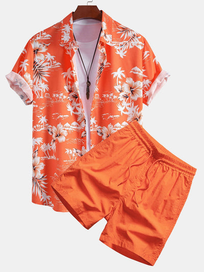 Marciano® | Palm Tree Tropical Flora Print Button Up Shirt & Man Mid Length Drawstring Swim Shorts