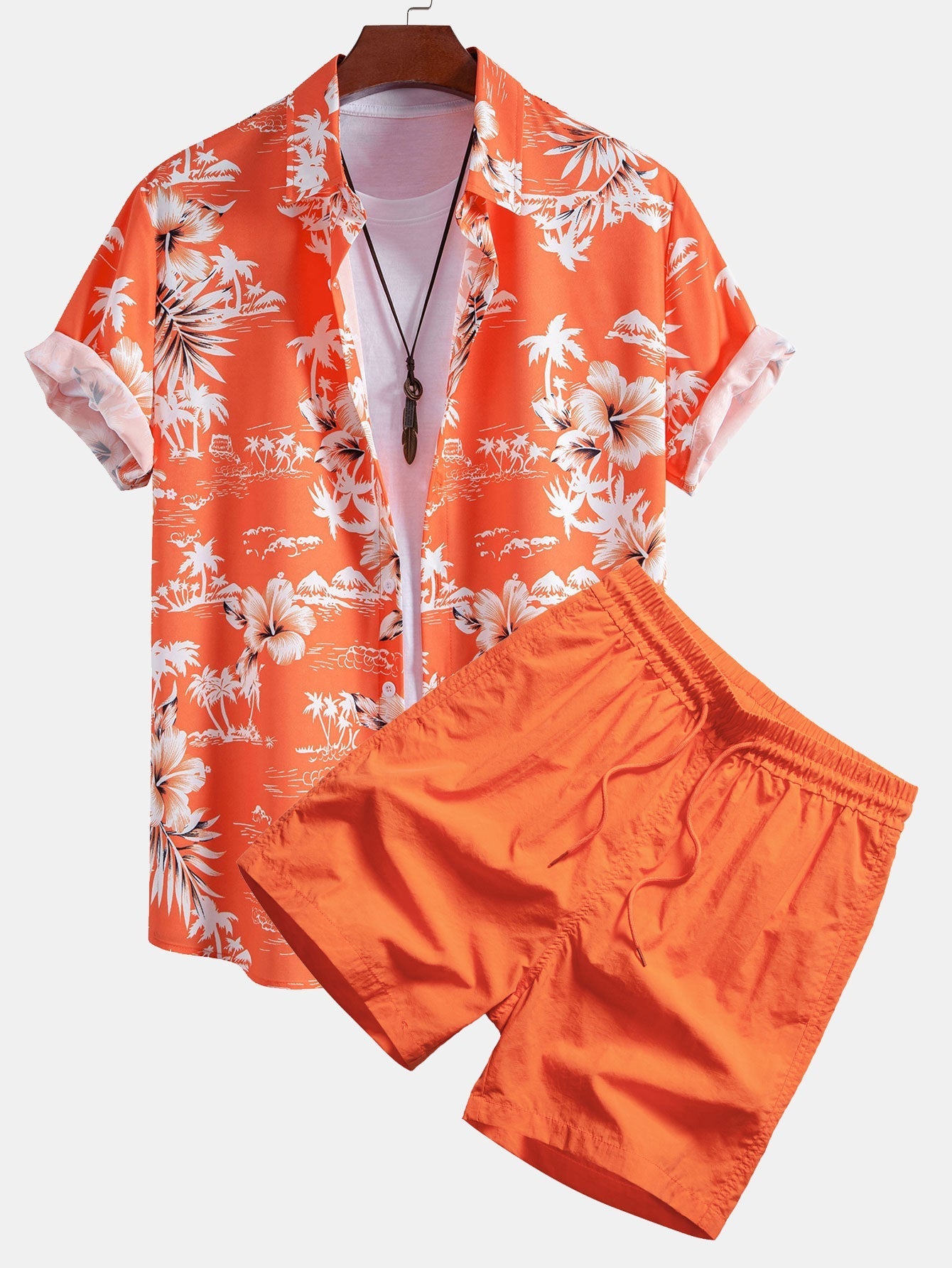 Agaton® | Palm Tree Tropical Flora Print Button Up Shirt & Man Mid Length Drawstring Swim Shorts