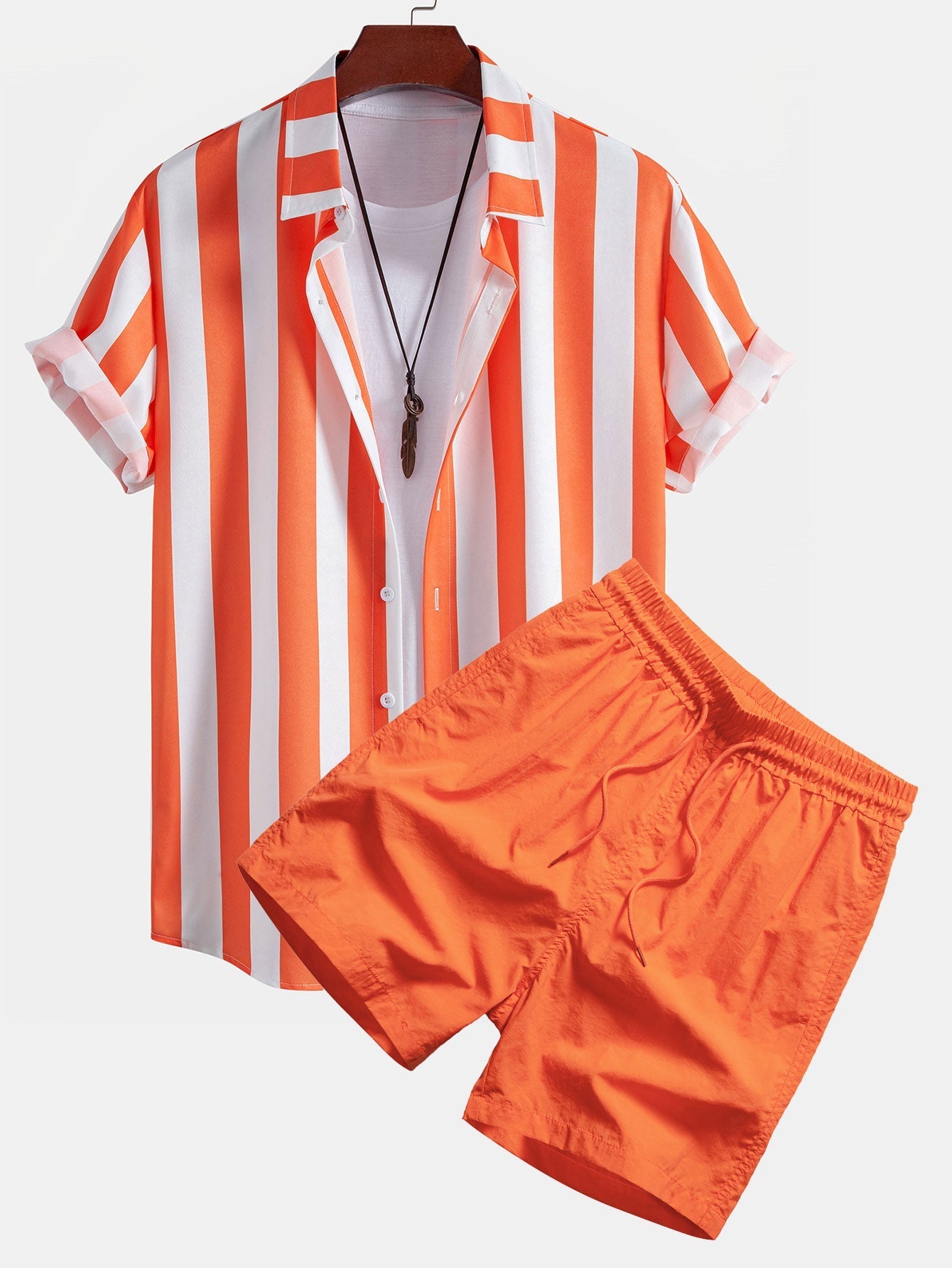 Marcelo® | Stripe Print Button Up Shirt & Man Mid Length Drawstring Swim Shorts