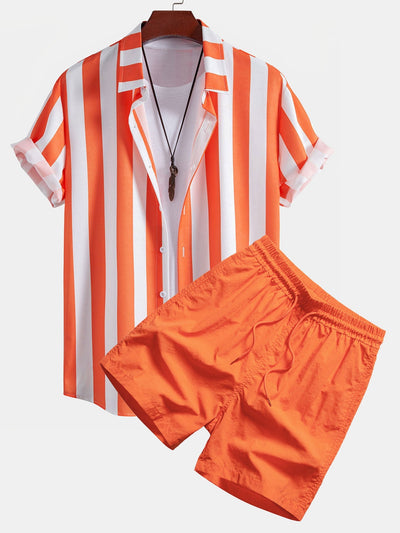 Marcelo® | Stripe Print Button Up Shirt & Man Mid Length Drawstring Swim Shorts