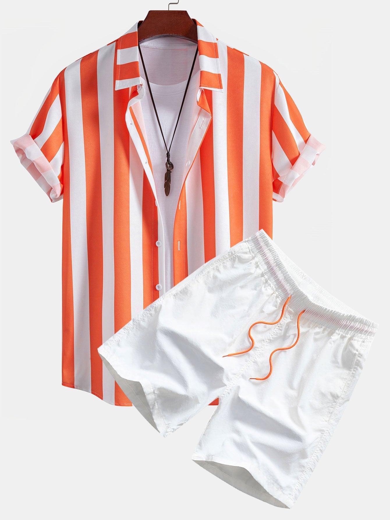 Marcelo® | Stripe Print Button Up Shirt & Man Mid Length Drawstring Swim Shorts