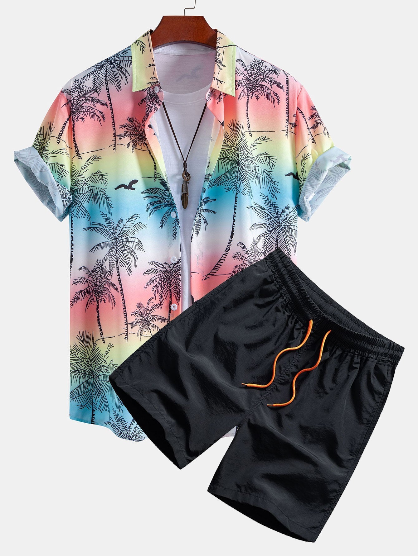 Agamenon® | Palm Tree Seagull Print Button Up Shirt & Man Mid Length Drawstring Swim Shorts