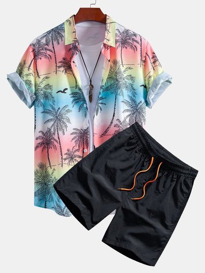 Agamenon® | Palm Tree Seagull Print Button Up Shirt & Man Mid Length Drawstring Swim Shorts