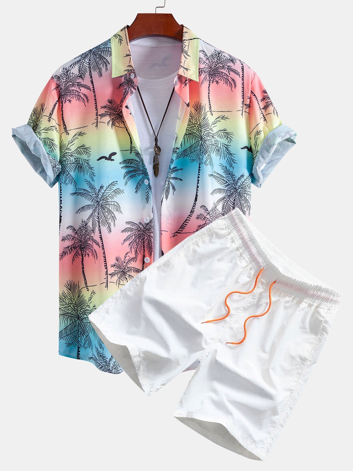Agamenon® | Palm Tree Seagull Print Button Up Shirt & Man Mid Length Drawstring Swim Shorts