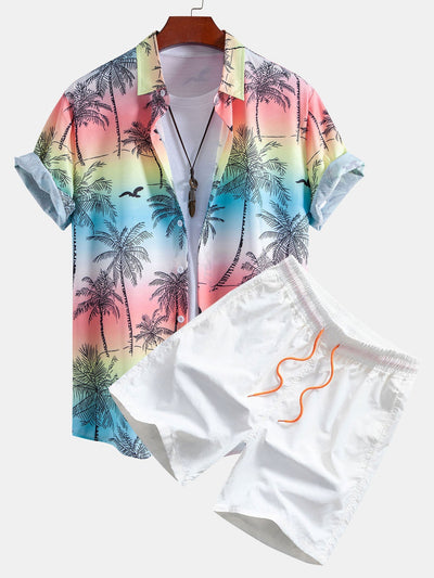 Agamenon® | Palm Tree Seagull Print Button Up Shirt & Man Mid Length Drawstring Swim Shorts