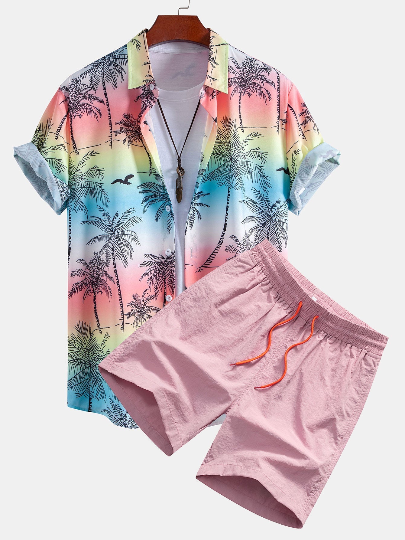Agamenon® | Palm Tree Seagull Print Button Up Shirt & Man Mid Length Drawstring Swim Shorts