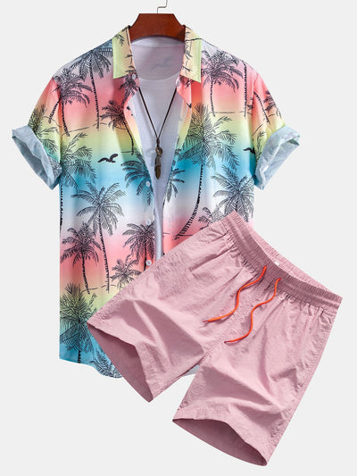 Agamenon® | Palm Tree Seagull Print Button Up Shirt & Man Mid Length Drawstring Swim Shorts