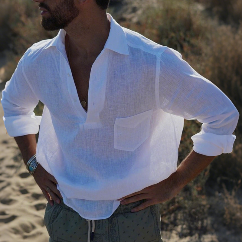 Christian | Men'S Casual Solid Color Breathable Linen Button-Up Lapel Patch Pocket Loose Long Sleeve Shirt