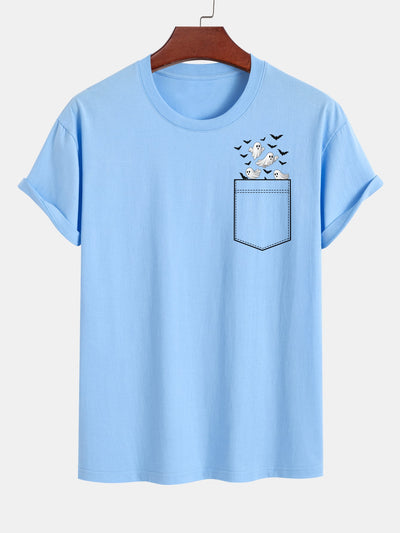 Barnaby® | Regular Fit Pocket Bat Ghost Print Cotton T-Shirt