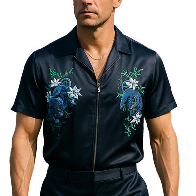 Jorge | Men'S Summer Fashion Satin Embroidery Short Sleeve Zipper Shirt