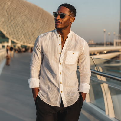 Shane | Men'S Casual Breathable Cotton Striped Stand Collar Patch Pocket Slim Fit Long Sleeve Shirt